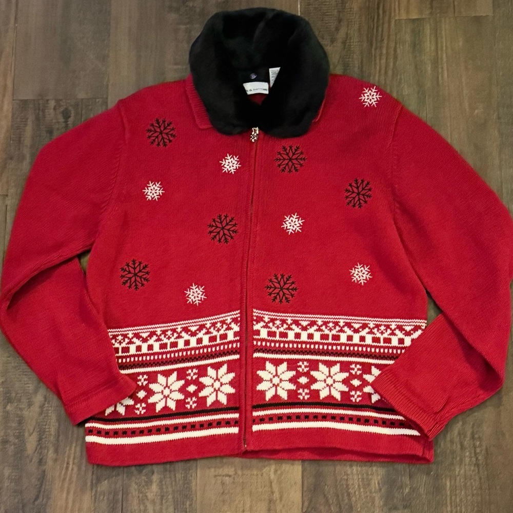 Croft And Barrow Womens M Christmas Zip Red Snowflakes Holiday Cotton Fur Collar